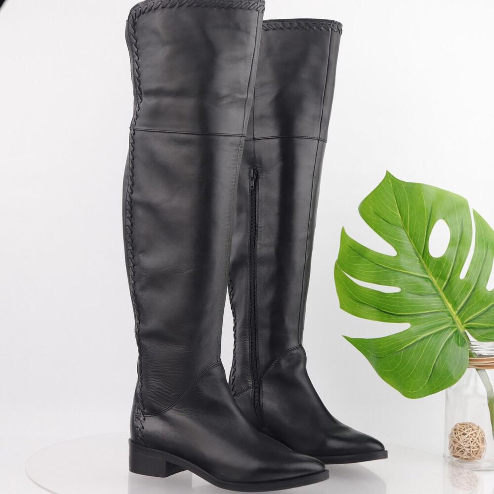 Seychelles Womens Rival Boots Size 6 OTK Black Leather Flat Pointed Whipstitch‎